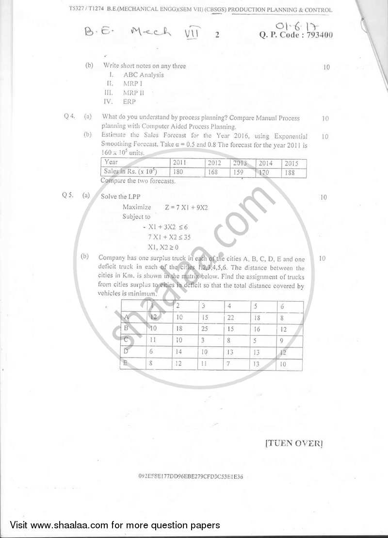 Production Planning and Control 2016-2017 - B.E. - Semester 7 (BE Fourth Year) - University of Mumbai question paper with PDF download