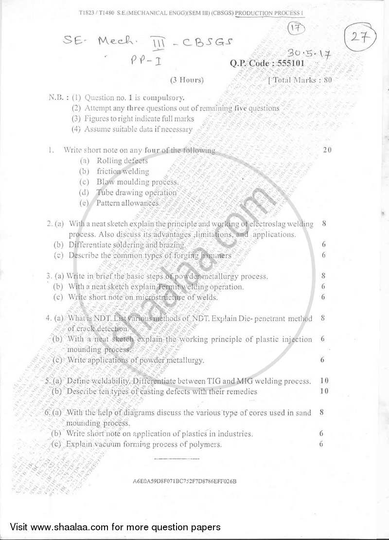 Production Process 1 2016-2017 - B.E. - Semester 3 (SE Second Year) - University of Mumbai question paper with PDF download