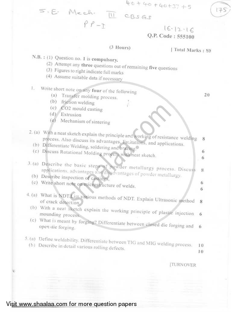 Production Process 1 2016-2017 - B.E. - Semester 3 (SE Second Year) - University of Mumbai question paper with PDF download