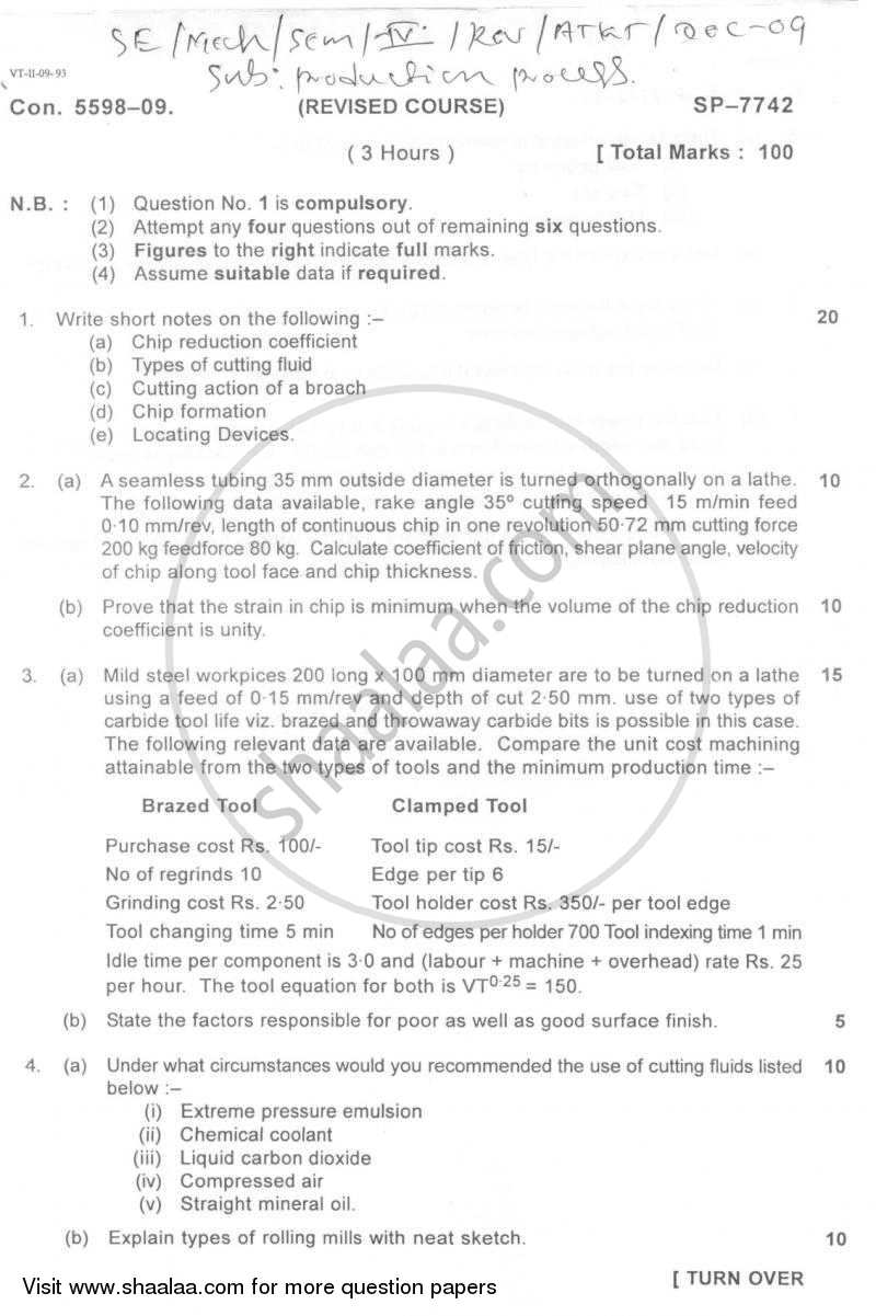 Production Process 2 2009-2010 - B.E. - Semester 4 (SE Second Year) - University of Mumbai question paper with PDF download