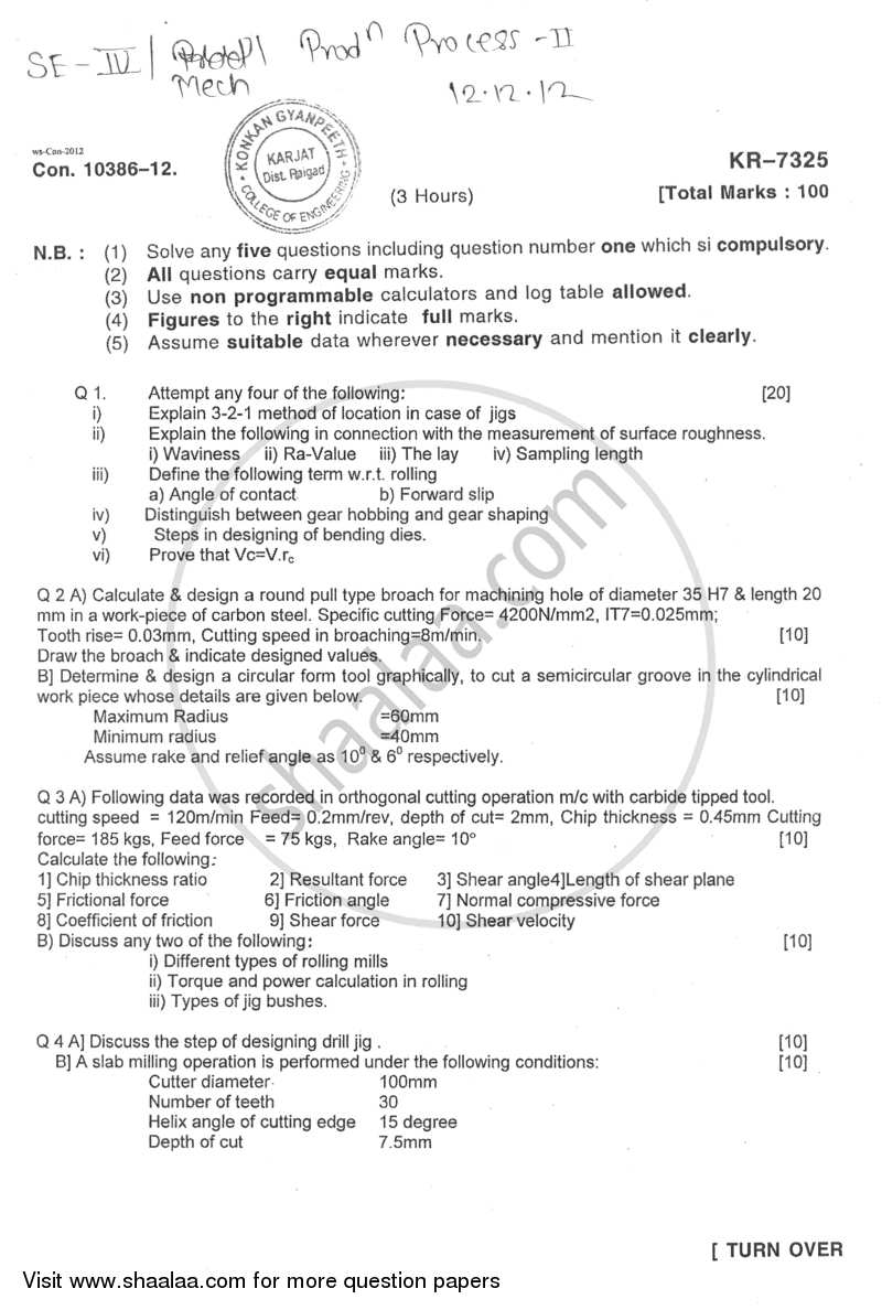 Production Process 2 2012-2013 - B.E. - Semester 4 (SE Second Year) - University of Mumbai question paper with PDF download