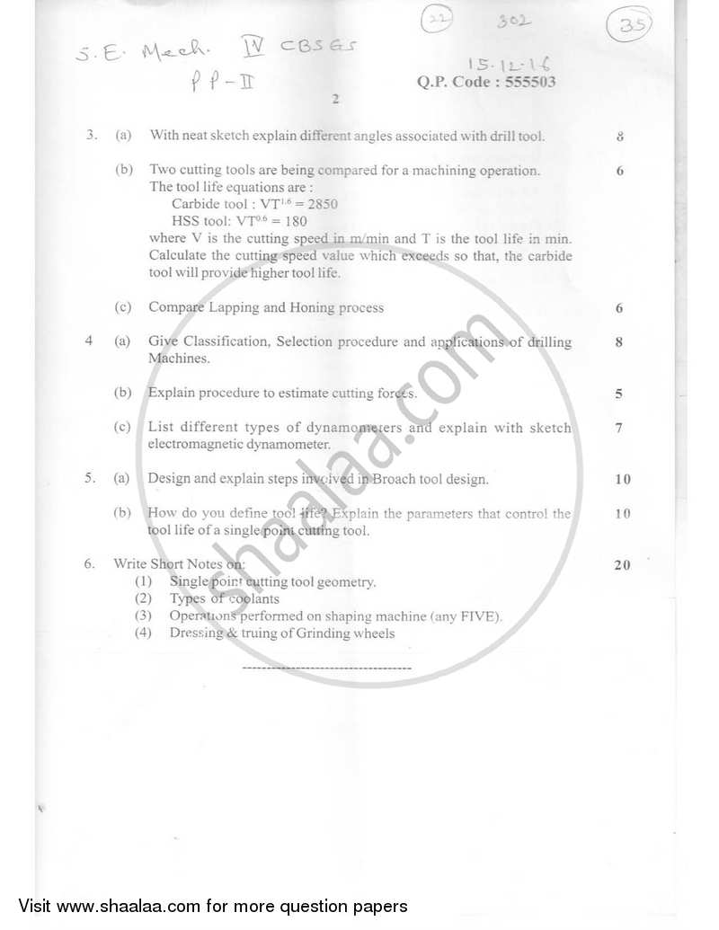 Production Process 2 2016-2017 - B.E. - Semester 4 (SE Second Year) - University of Mumbai question paper with PDF download