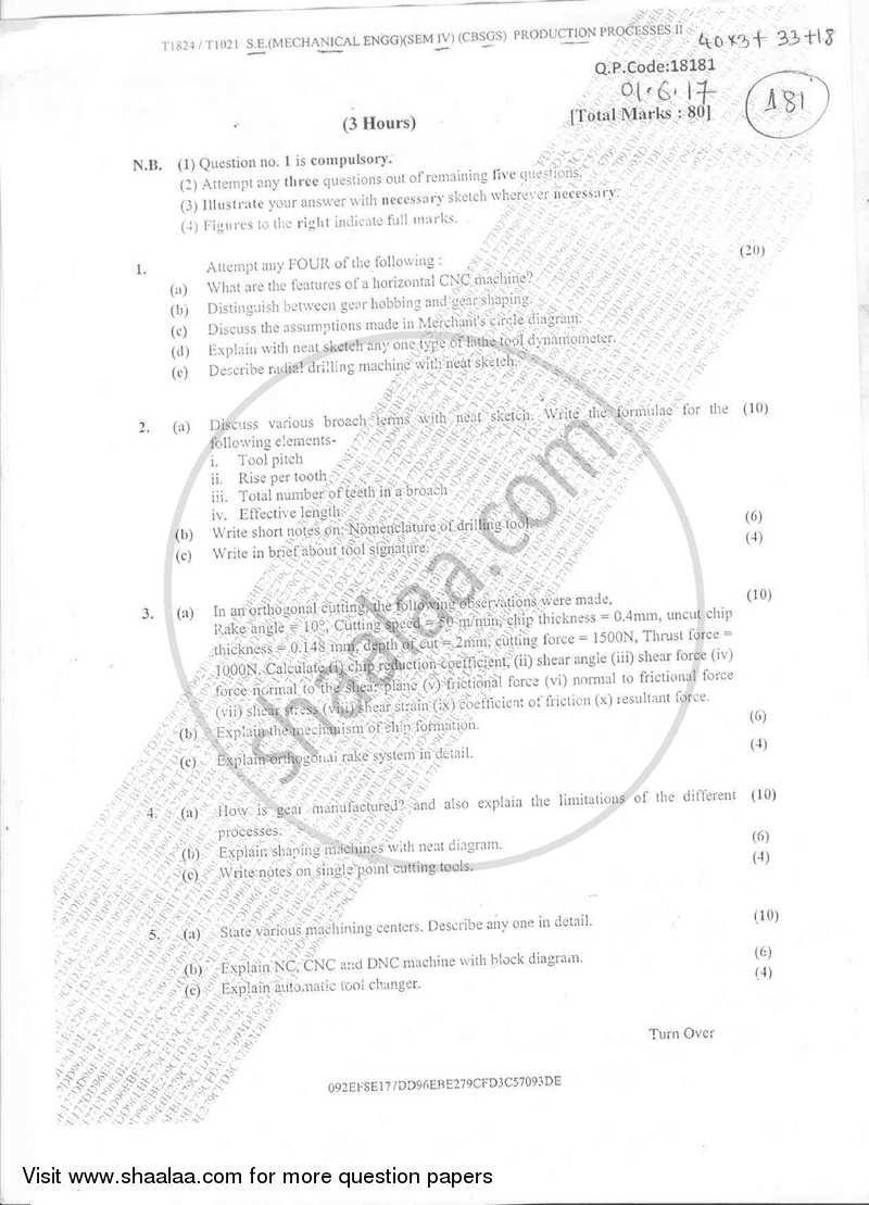 Production Process 2 2016-2017 - B.E. - Semester 4 (SE Second Year) - University of Mumbai question paper with PDF download