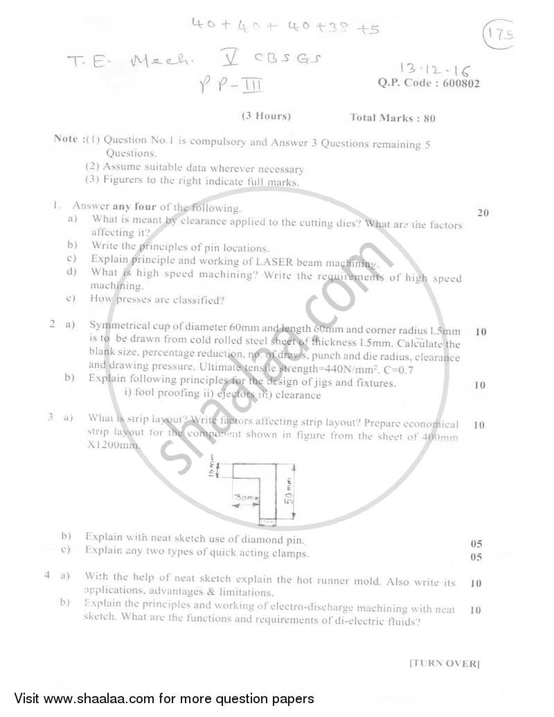 Production Process 3 2016-2017 - B.E. - Semester 5 (TE Third Year) - University of Mumbai question paper with PDF download