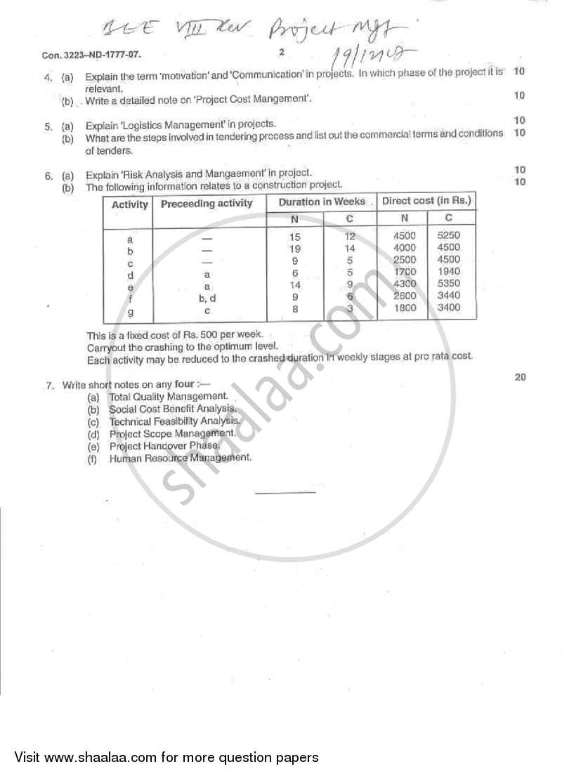 Project Management 2007-2008 - B.E. - Semester 8 (BE Fourth Year) - University of Mumbai question paper with PDF download