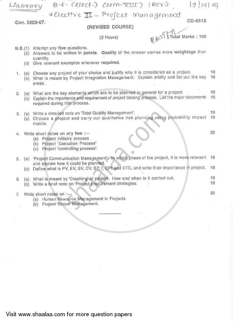 Project Management 2007-2008 - B.E. - Semester 8 (BE Fourth Year) - University of Mumbai question paper with PDF download