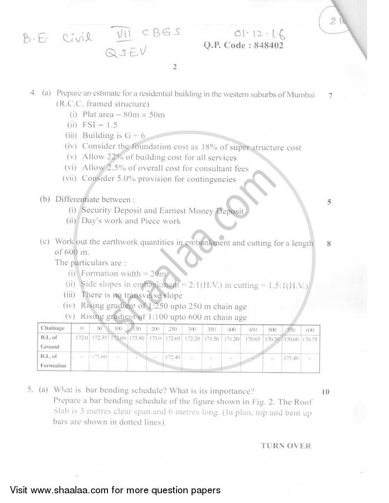 Quantity Survey Estimation and Valuation 2016-2017 - B.E. - Semester 7 (BE Fourth Year) - University of Mumbai question paper with PDF download