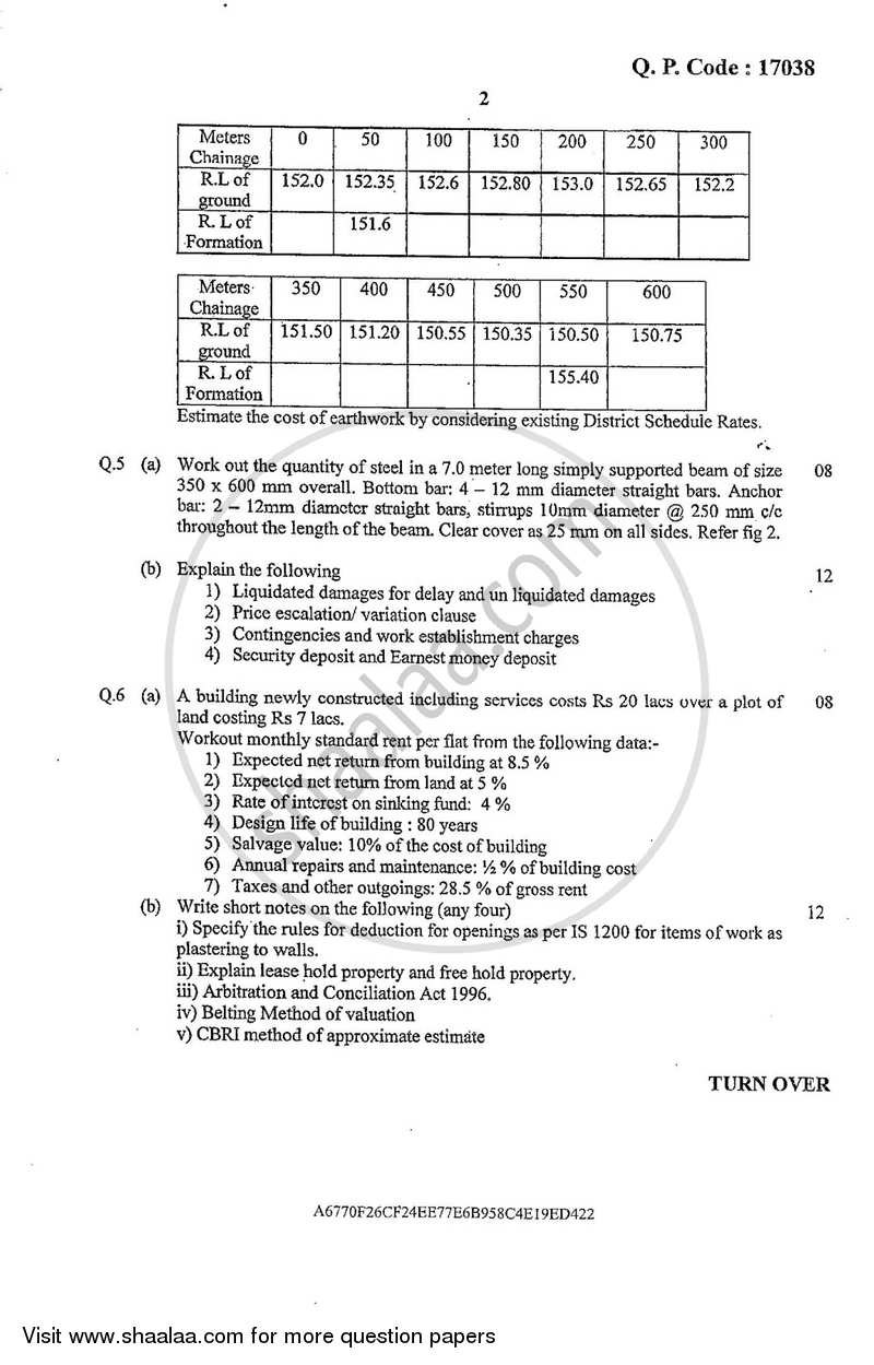 Quantity Survey Estimation and Valuation 2016-2017 - B.E. - Semester 7 (BE Fourth Year) - University of Mumbai question paper with PDF download
