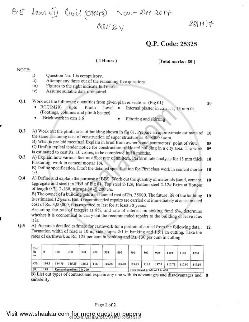 Quantity Survey Estimation and Valuation 2017-2018 - B.E. - Semester 7 (BE Fourth Year) - University of Mumbai question paper with PDF download