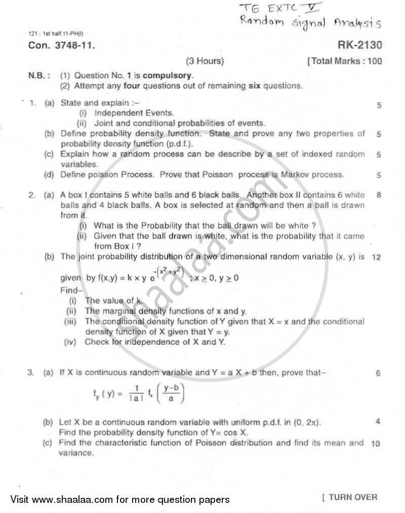 Random Signal Analysis 2010-2011 - B.E. - Semester 5 (TE Third Year) - University of Mumbai question paper with PDF download