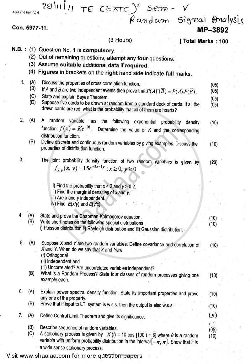 Random Signal Analysis 2011-2012 - B.E. - Semester 5 (TE Third Year) - University of Mumbai question paper with PDF download