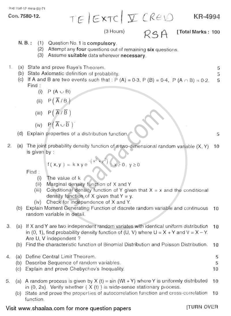 Random Signal Analysis 2012-2013 - B.E. - Semester 5 (TE Third Year) - University of Mumbai question paper with PDF download