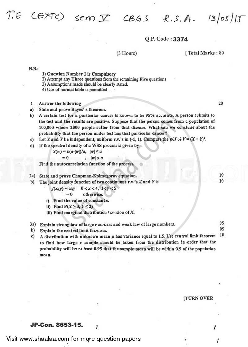 Random Signal Analysis 2014-2015 - B.E. - Semester 5 (TE Third Year) - University of Mumbai question paper with PDF download