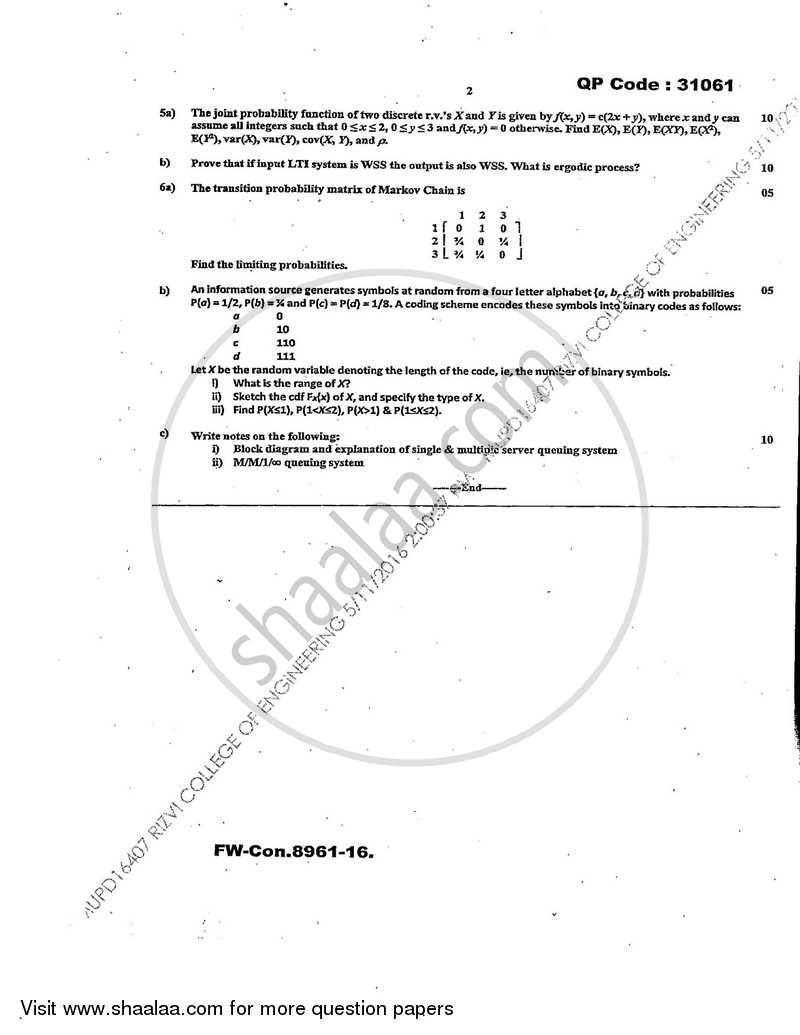 Random Signal Analysis 2015-2016 - B.E. - Semester 5 (TE Third Year) - University of Mumbai question paper with PDF download
