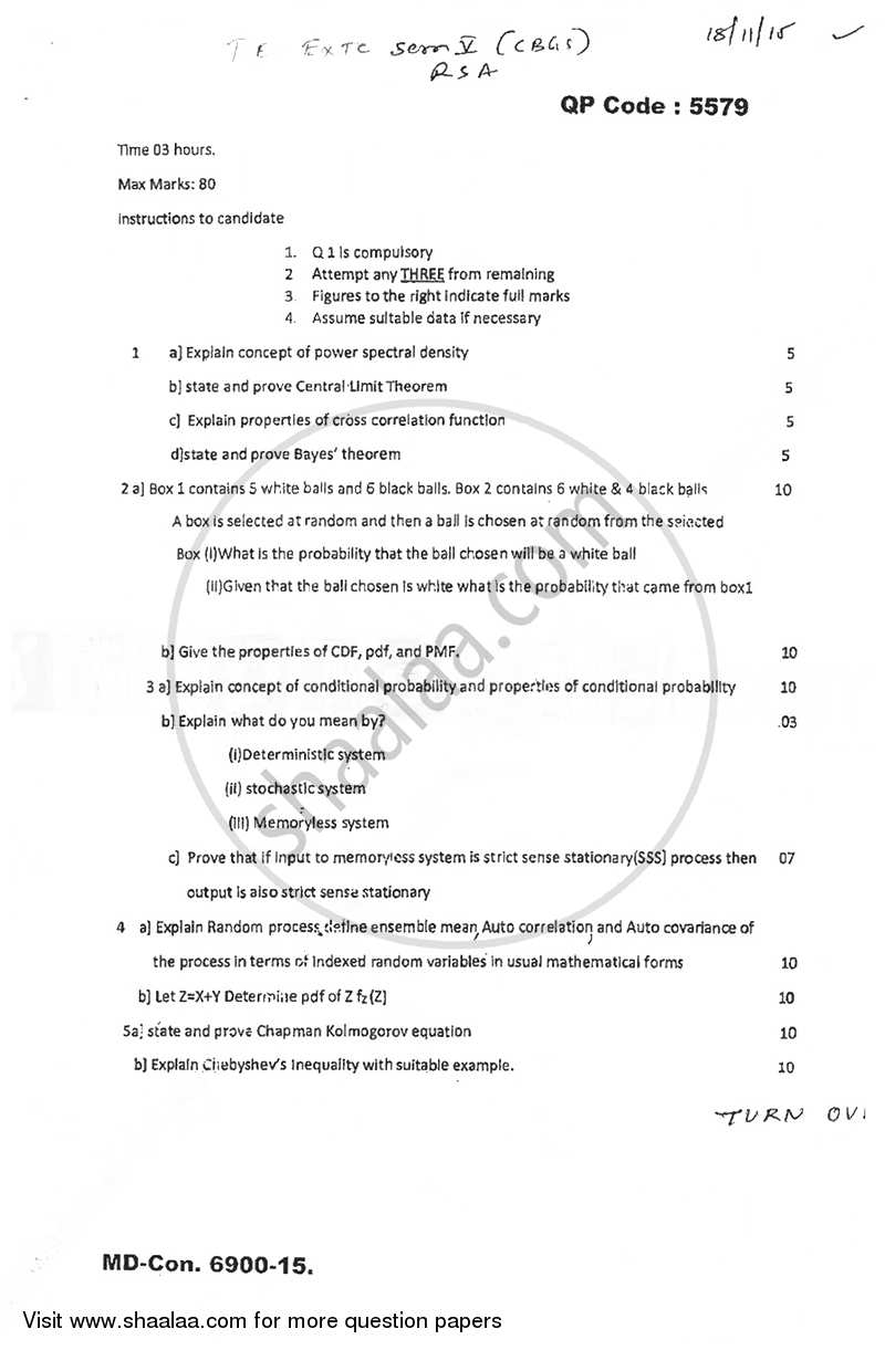 Random Signal Analysis 2015-2016 - B.E. - Semester 5 (TE Third Year) - University of Mumbai question paper with PDF download