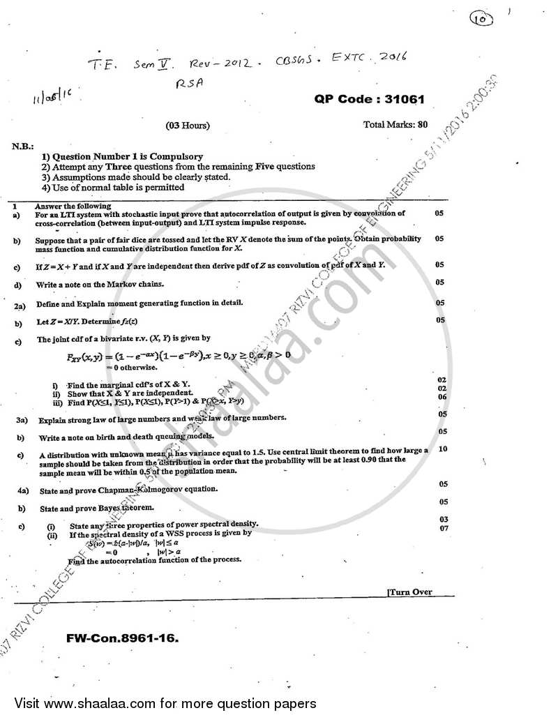 Random Signal Analysis 2015-2016 - B.E. - Semester 5 (TE Third Year) - University of Mumbai question paper with PDF download