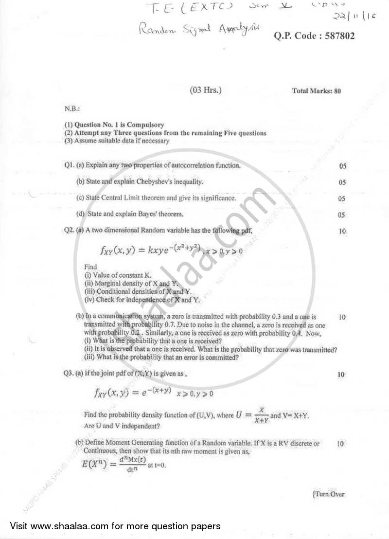 Random Signal Analysis 2016-2017 - B.E. - Semester 5 (TE Third Year) - University of Mumbai question paper with PDF download