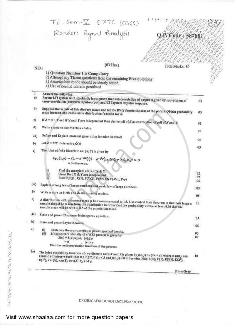 Random Signal Analysis 2016-2017 - B.E. - Semester 5 (TE Third Year) - University of Mumbai question paper with PDF download