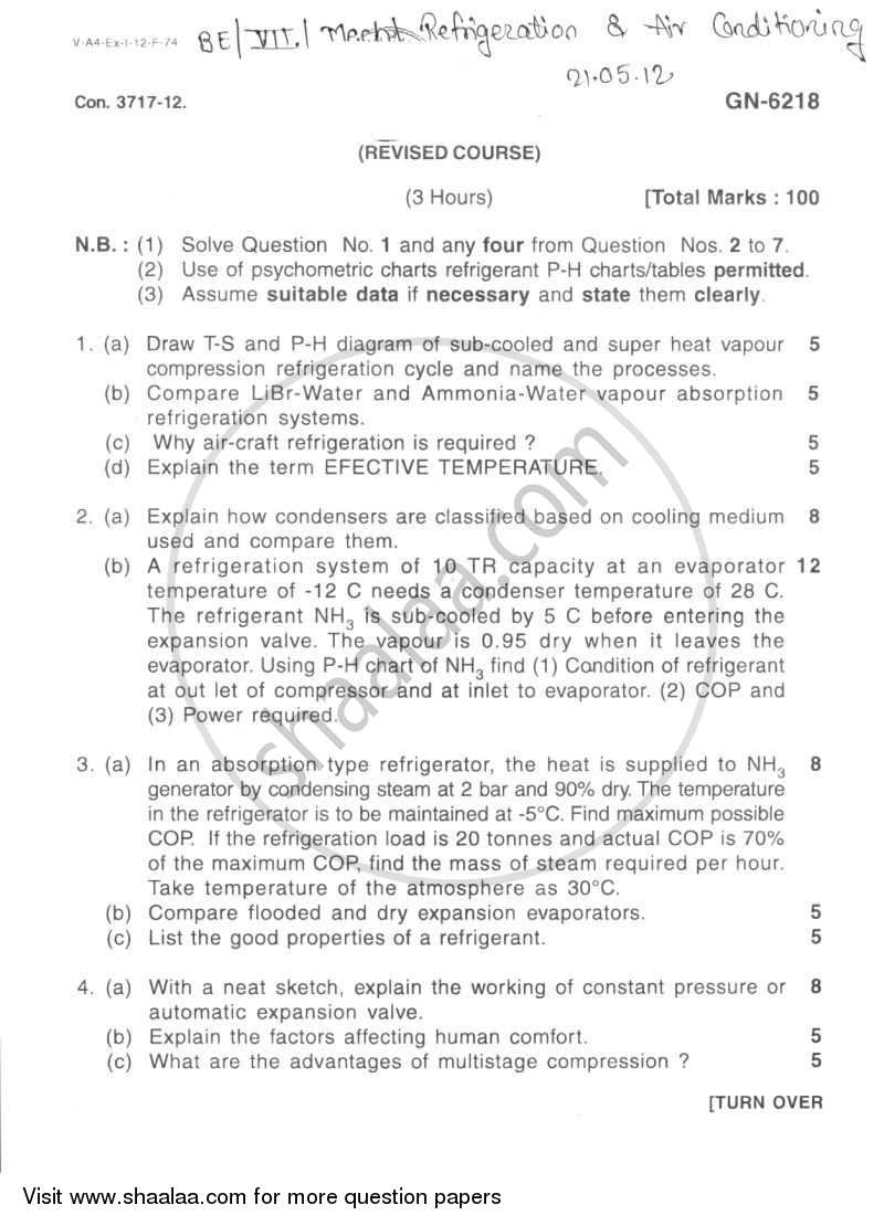 Refrigeration and Air Conditioning 2011-2012 - B.E. - Semester 7 (BE Fourth Year) - University of Mumbai question paper with PDF download