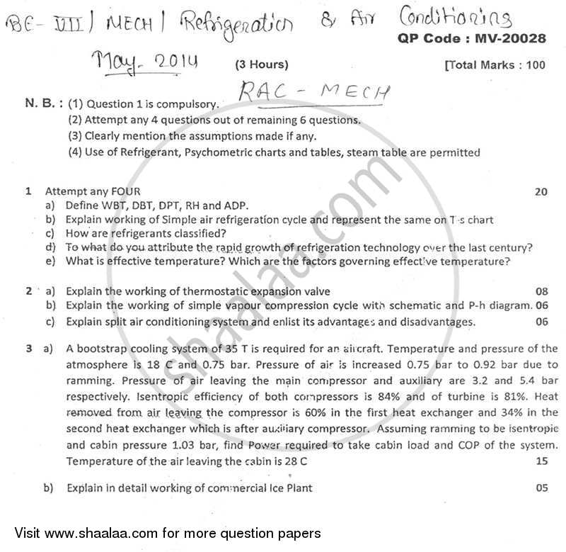 Refrigeration and Air Conditioning 2013-2014 - B.E. - Semester 7 (BE Fourth Year) - University of Mumbai question paper with PDF download