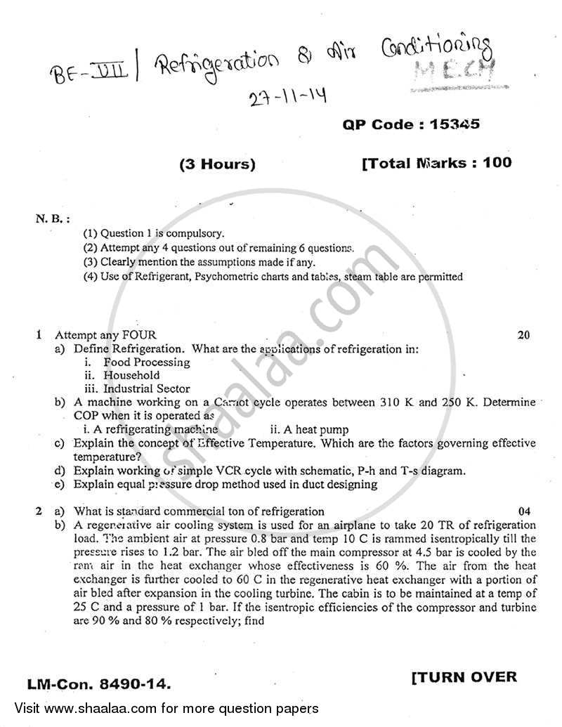 Refrigeration and Air Conditioning 2014-2015 - B.E. - Semester 7 (BE Fourth Year) - University of Mumbai question paper with PDF download