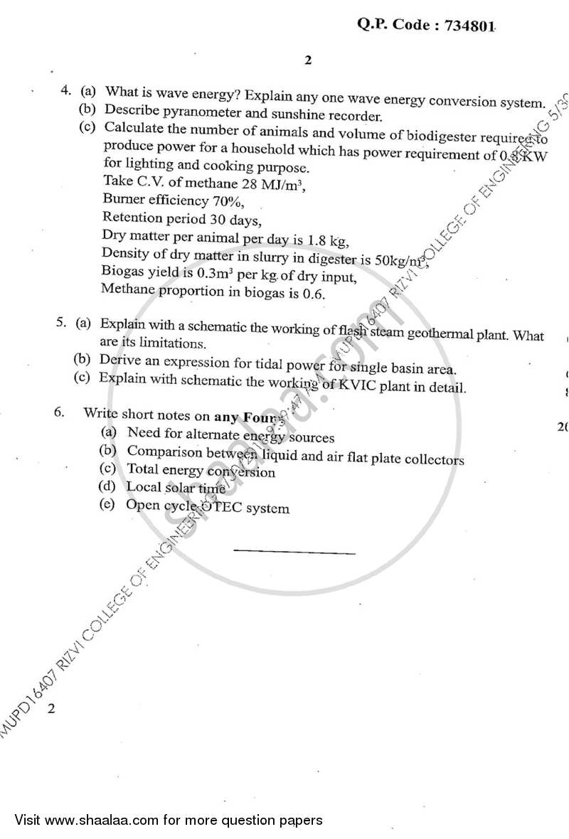 Renewable Energy Sources 2015-2016 - B.E. - Semester 8 (BE Fourth Year) - University of Mumbai question paper with PDF download