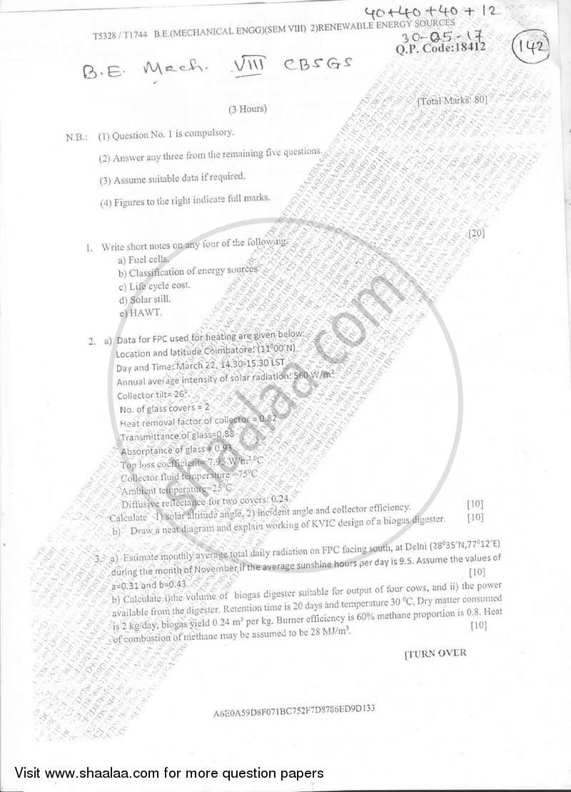 Renewable Energy Sources 2016-2017 - B.E. - Semester 8 (BE Fourth Year) - University of Mumbai question paper with PDF download