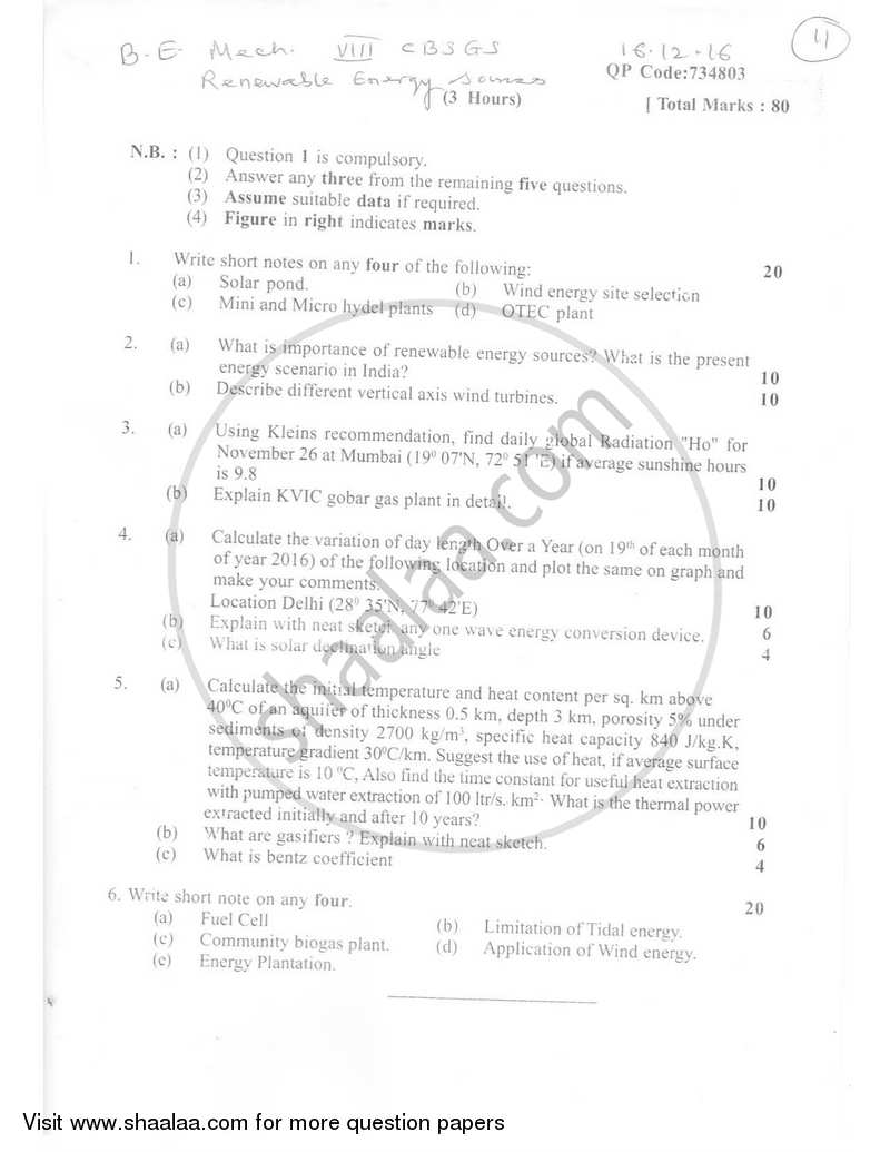 Renewable Energy Sources 2016-2017 - B.E. - Semester 8 (BE Fourth Year) - University of Mumbai question paper with PDF download