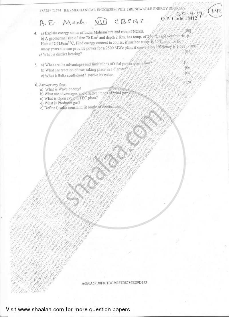 Renewable Energy Sources 2016-2017 - B.E. - Semester 8 (BE Fourth Year) - University of Mumbai question paper with PDF download