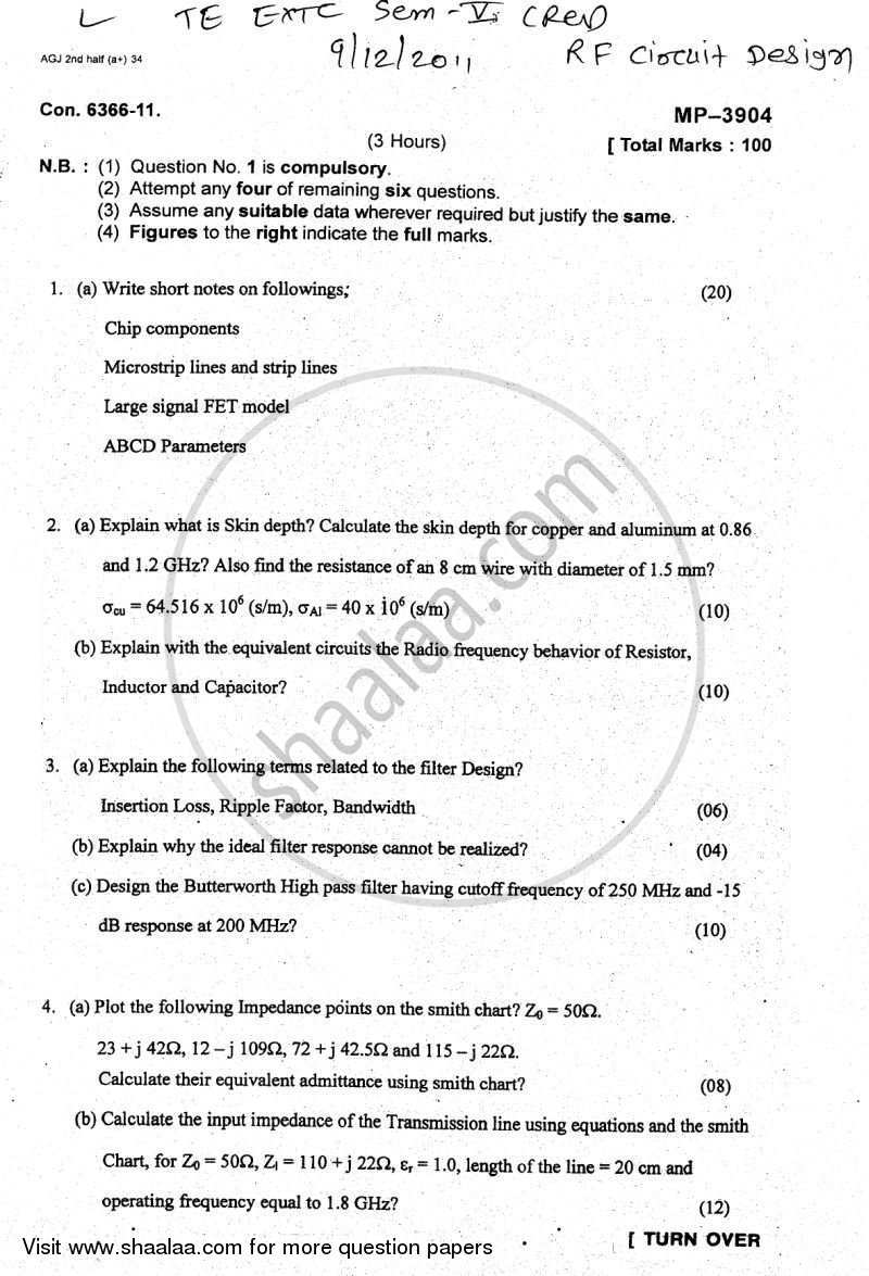 RF Circuit Design 2011-2012 - B.E. - Semester 5 (TE Third Year) - University of Mumbai question paper with PDF download