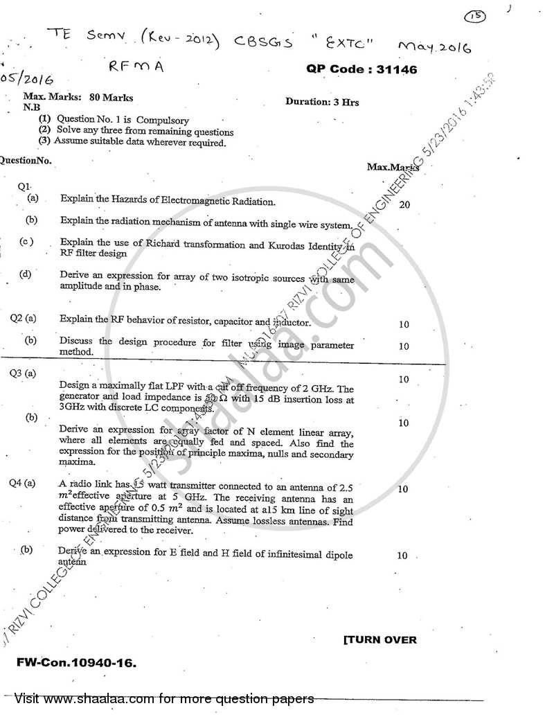 RF Modelling and Antennas 2015-2016 - B.E. - Semester 5 (TE Third Year) - University of Mumbai question paper with PDF download