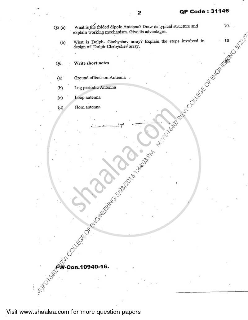RF Modelling and Antennas 2015-2016 - B.E. - Semester 5 (TE Third Year) - University of Mumbai question paper with PDF download