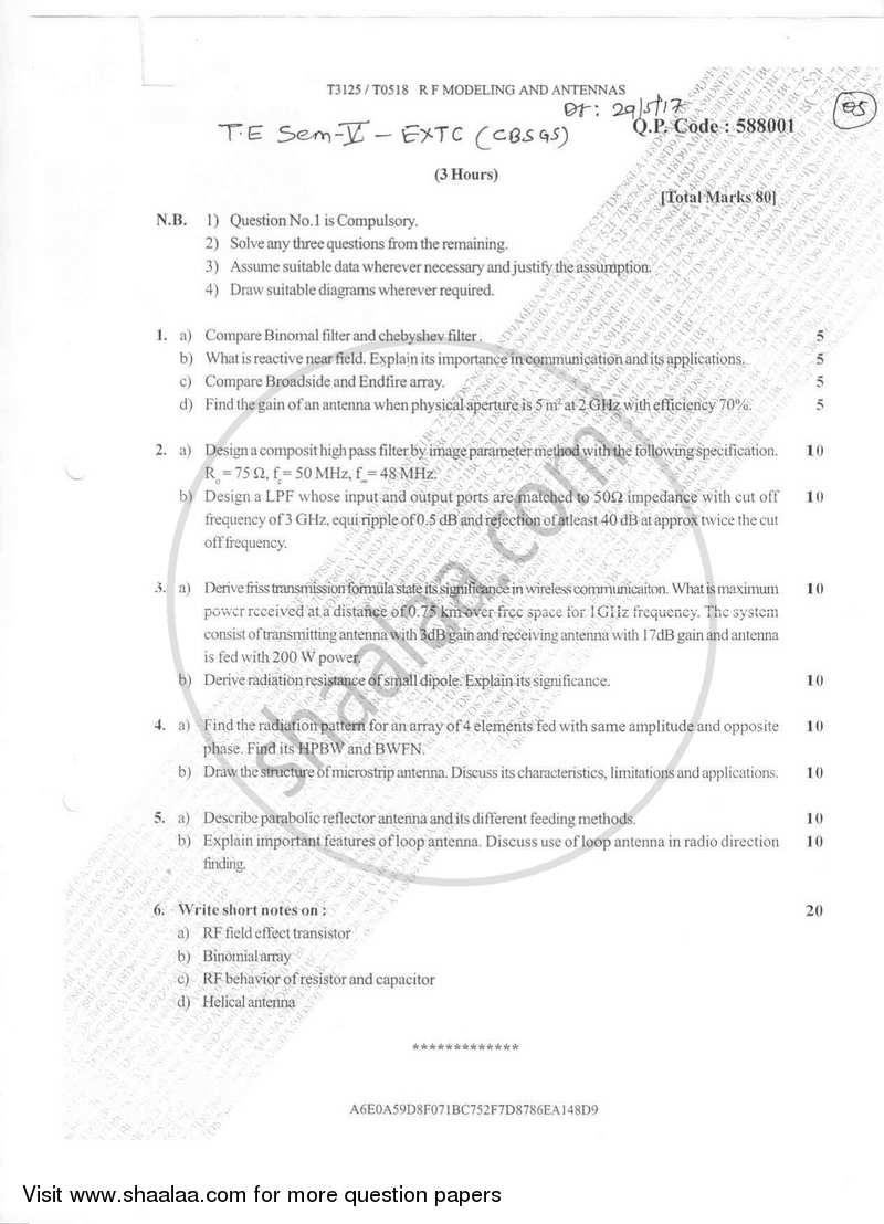 RF Modelling and Antennas 2016-2017 - B.E. - Semester 5 (TE Third Year) - University of Mumbai question paper with PDF download