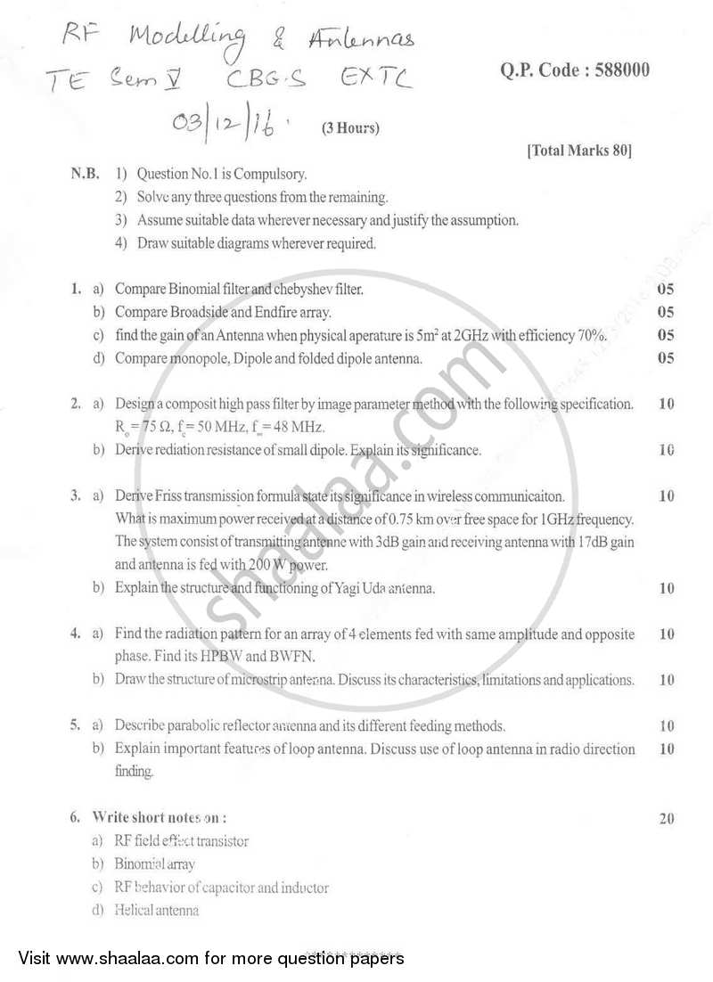 RF Modelling and Antennas 2016-2017 - B.E. - Semester 5 (TE Third Year) - University of Mumbai question paper with PDF download
