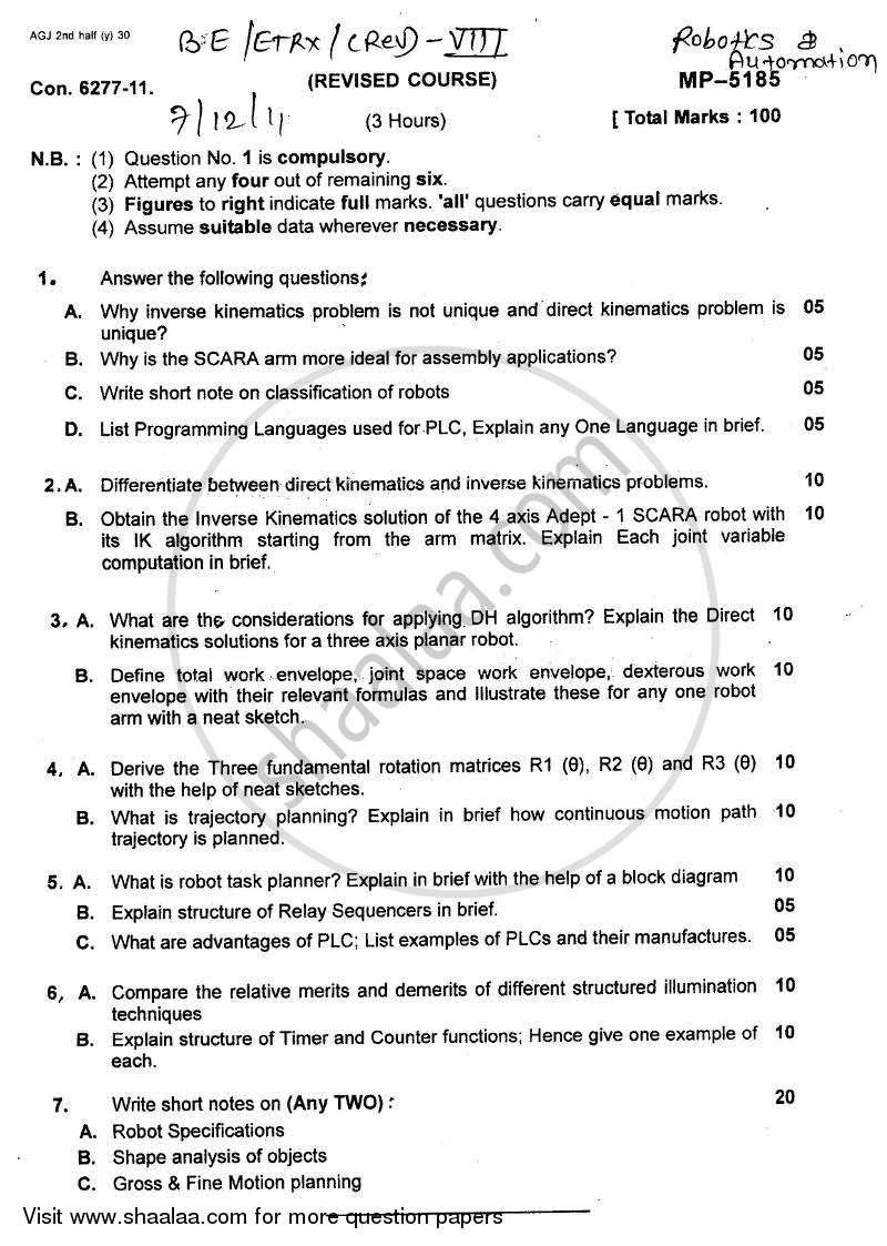 Robotics and Automation 2011-2012 - B.E. - Semester 8 (BE Fourth Year) - University of Mumbai question paper with PDF download
