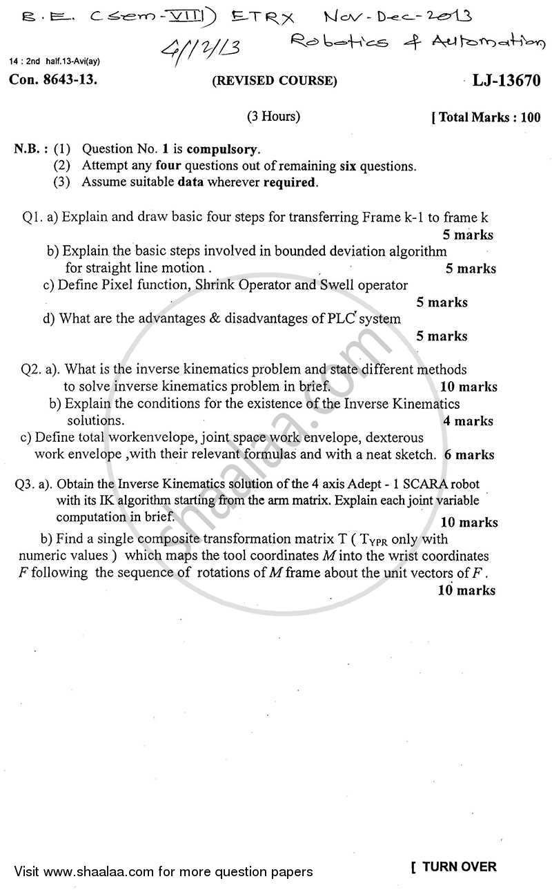 Robotics and Automation 2013-2014 - B.E. - Semester 8 (BE Fourth Year) - University of Mumbai question paper with PDF download