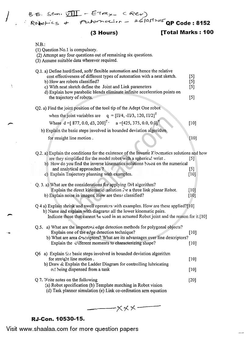 Robotics and Automation 2014-2015 - B.E. - Semester 8 (BE Fourth Year) - University of Mumbai question paper with PDF download