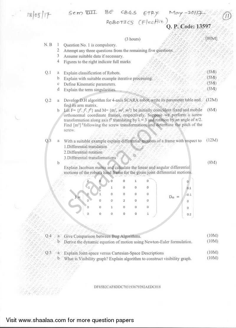 Robotics 2016-2017 - B.E. - Semester 8 (BE Fourth Year) - University of Mumbai question paper with PDF download