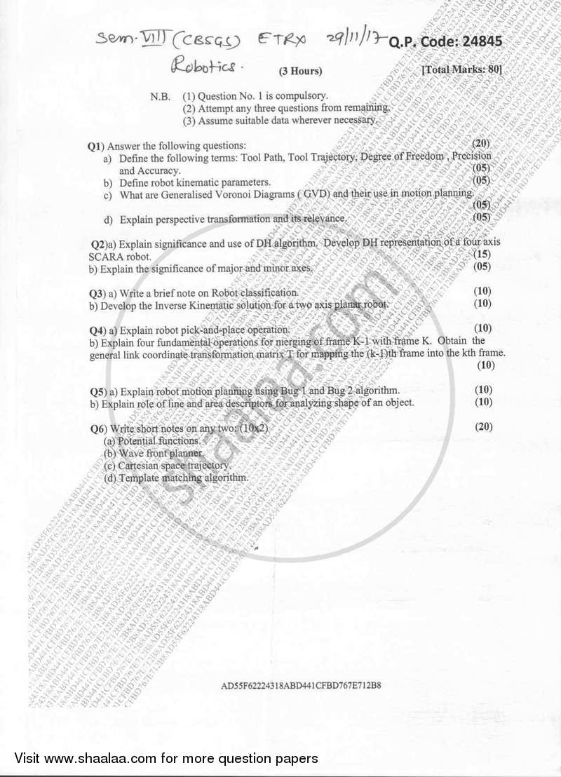 Robotics 2017-2018 - B.E. - Semester 8 (BE Fourth Year) - University of Mumbai question paper with PDF download