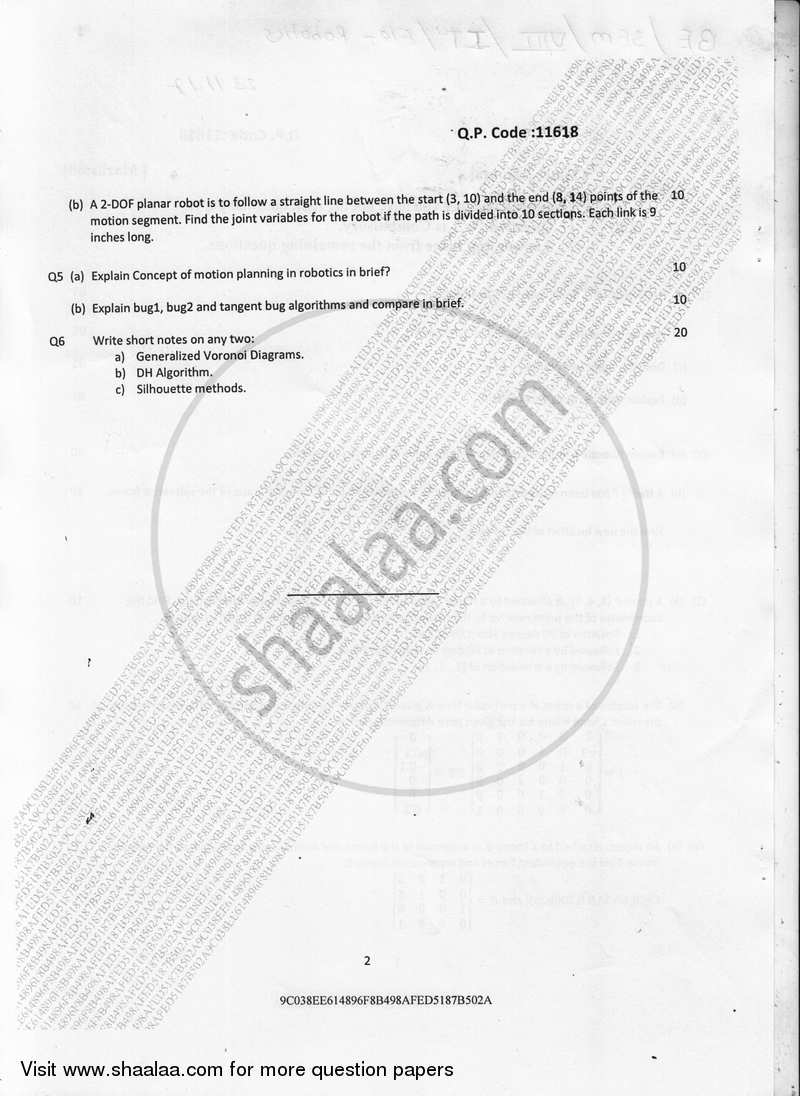 Robotics 2017-2018 - B.E. - Semester 8 (BE Fourth Year) - University of Mumbai question paper with PDF download