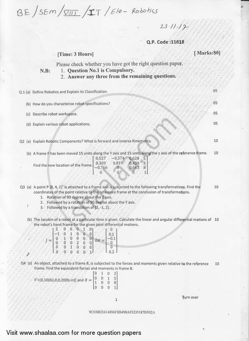 Robotics 2017-2018 - B.E. - Semester 8 (BE Fourth Year) - University of Mumbai question paper with PDF download