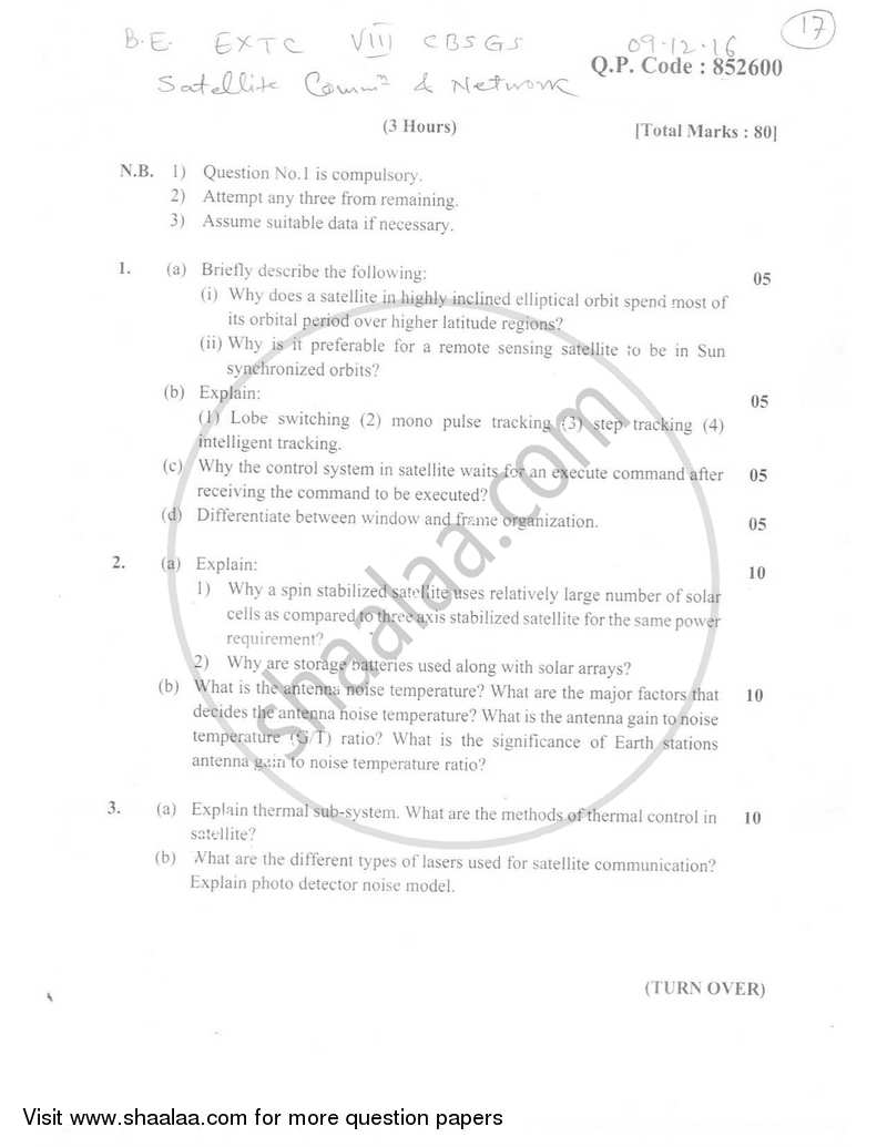 Satellite Communication and Networks 2016-2017 - B.E. - Semester 8 (BE Fourth Year) - University of Mumbai question paper with PDF download