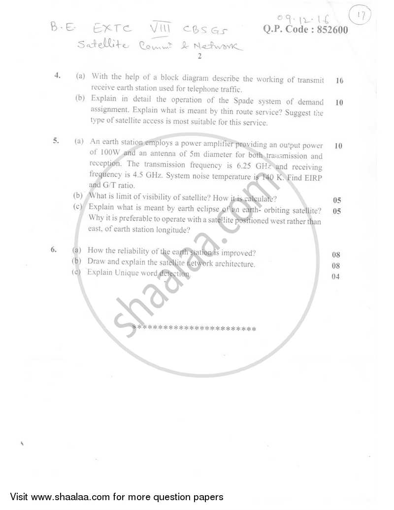Satellite Communication and Networks 2016-2017 - B.E. - Semester 8 (BE Fourth Year) - University of Mumbai question paper with PDF download
