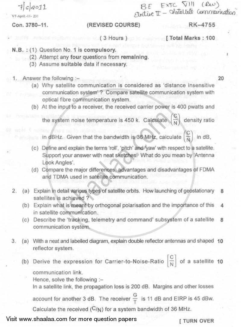 Satellite Communication 2010-2011 - B.E. - Semester 8 (BE Fourth Year) - University of Mumbai question paper with PDF download