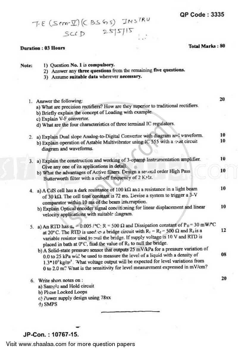 Signal Conditioning Circuit Design 2014-2015 - B.E. - Semester 5 (TE Third Year) - University of Mumbai question paper with PDF download