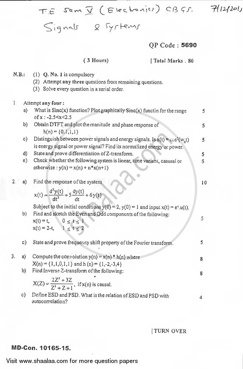 Signals and Systems 2015-2016 - B.E. - Semester 5 (TE Third Year) - University of Mumbai question paper with PDF download