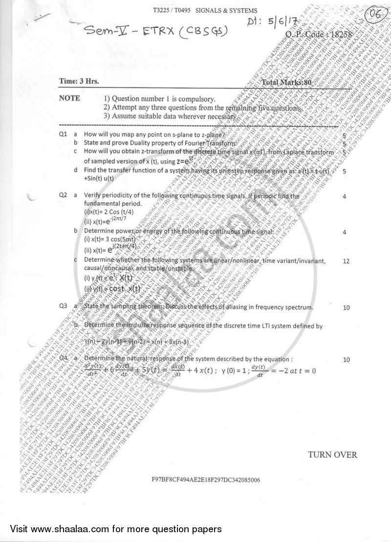 Signals and Systems 2016-2017 - B.E. - Semester 5 (TE Third Year) - University of Mumbai question paper with PDF download