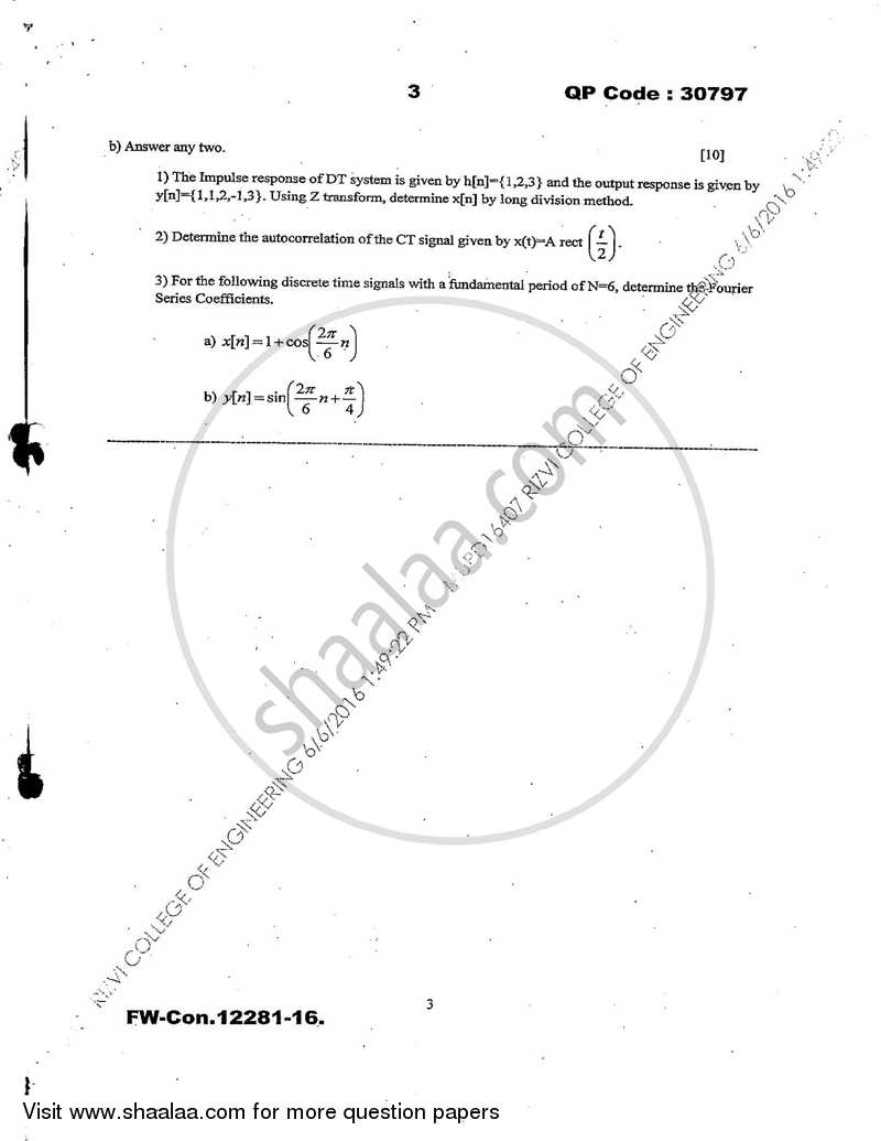 Signals and Systems 2015-2016 - B.E. - Semester 4 (SE Second Year) - University of Mumbai question paper with PDF download
