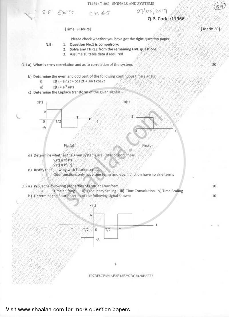 Signals and Systems 2016-2017 - B.E. - Semester 4 (SE Second Year) - University of Mumbai question paper with PDF download