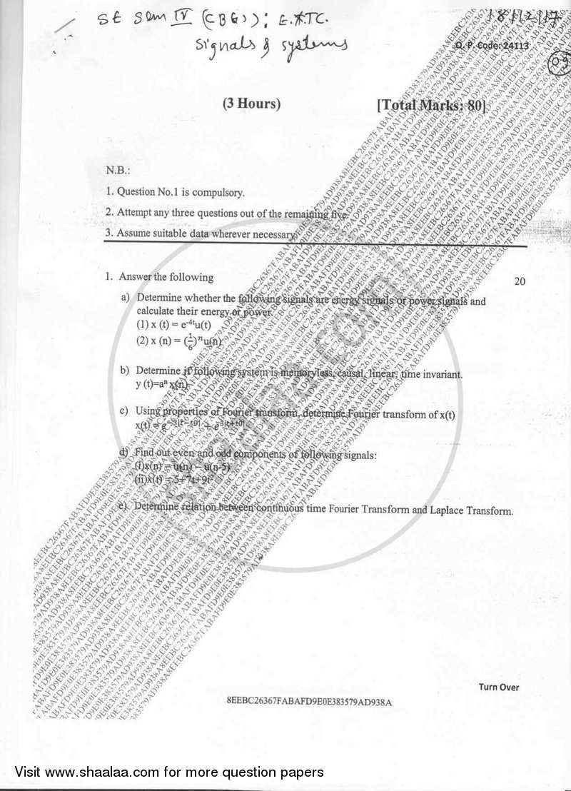 Signals and Systems 2017-2018 - B.E. - Semester 4 (SE Second Year) - University of Mumbai question paper with PDF download